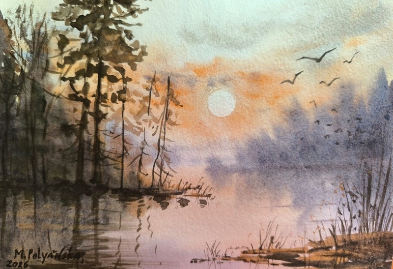 BERD FOGGY FOREST WILDLIFE Original Artwork Painting Landscape Bob Ross Style A5 gallery