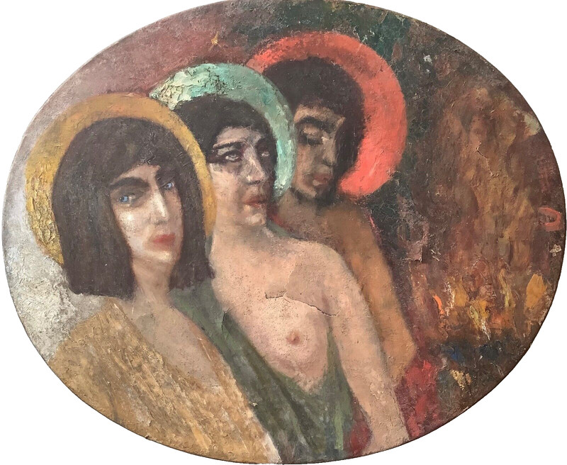 19th C. Antique French Symbolist Gouache – Odilon REDON ? Mysterious Portraits