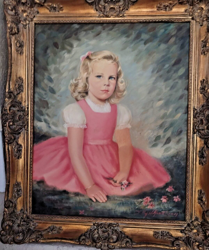 MID CENTURY MOD OIL PAINTING AMERICAN GIRL IMPRESSIONIST PORTRAIT~PRETTY IN PINK