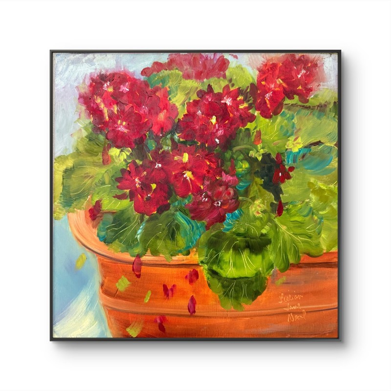 Flower Pot 12×12 Oil Painting Red Geraniums Flowers Wall Art Wood Panel