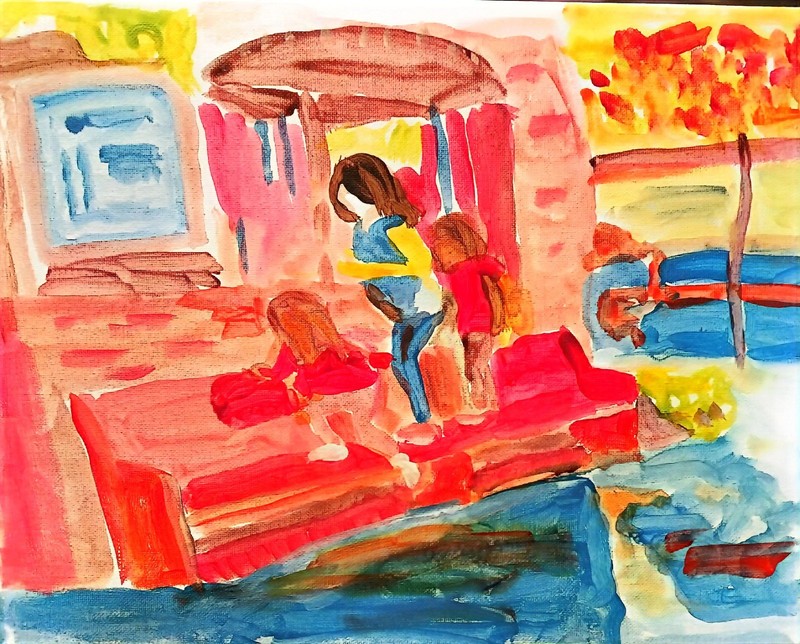 Mom and Kids Expressionism 14X11 Signed Original on Canvas Wall Art gallery