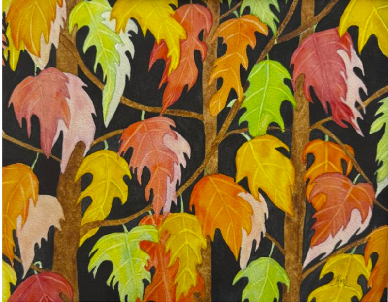 PAINTING WATERCOLOR ORIGINAL ART FALL LEAVES RED ORANGE YELLOW 11X14 & MAT 16X20
