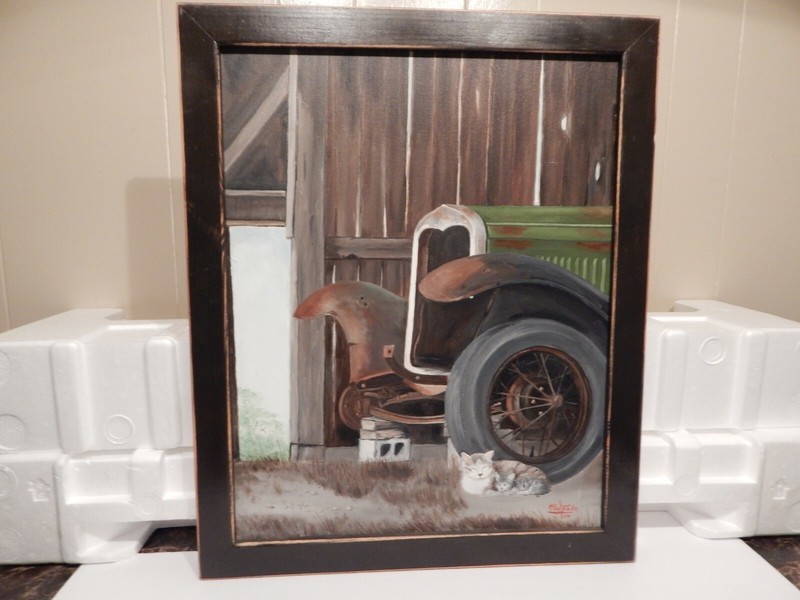ACRYLIC PAINT/ OLEO, «INSIDE OF BARN W/OLD CAR AND CATS.- FRAMED 22.5″ x 18.5»