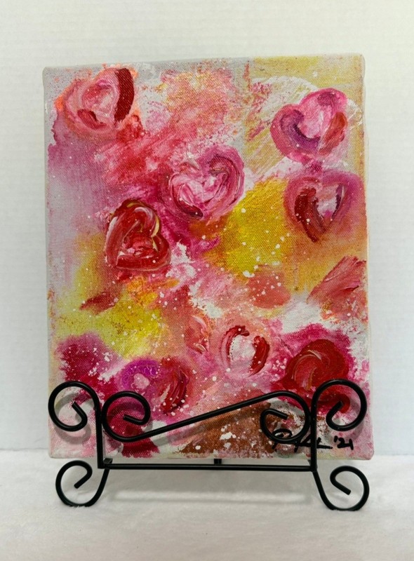 Original Signd Pink Hearts Oil Painting Canvas Wooden Frame