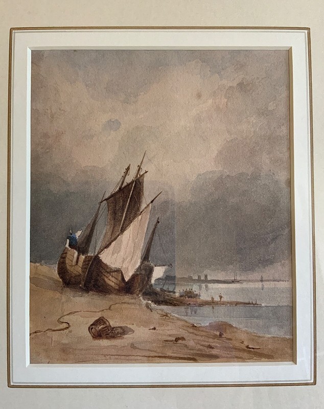 Antique British Watercolor Beached Fishing Boats near Hastings c. 1830-1850