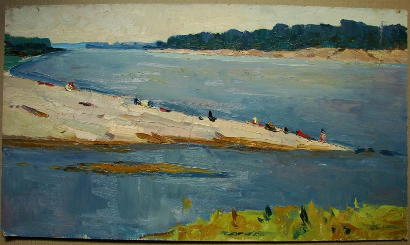 Ukrainian Soviet Oil Painting Landscape impressionism river beach rest