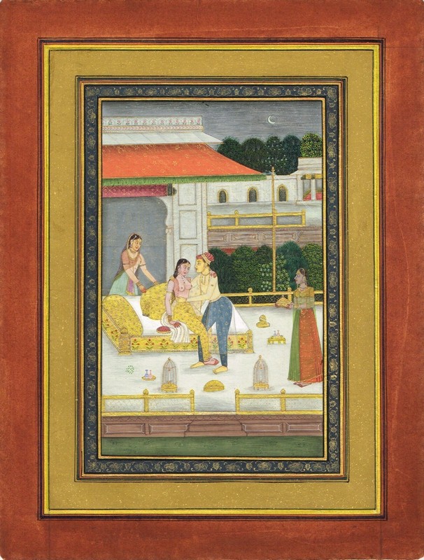 Indian miniature Painting Of Mughal King And Queen Love Scene On Terrace8.5X10.5 gallery