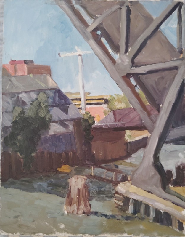 Original Oil Painting/Houses & Bridge/Cityscape/14 x 18/Modern Art