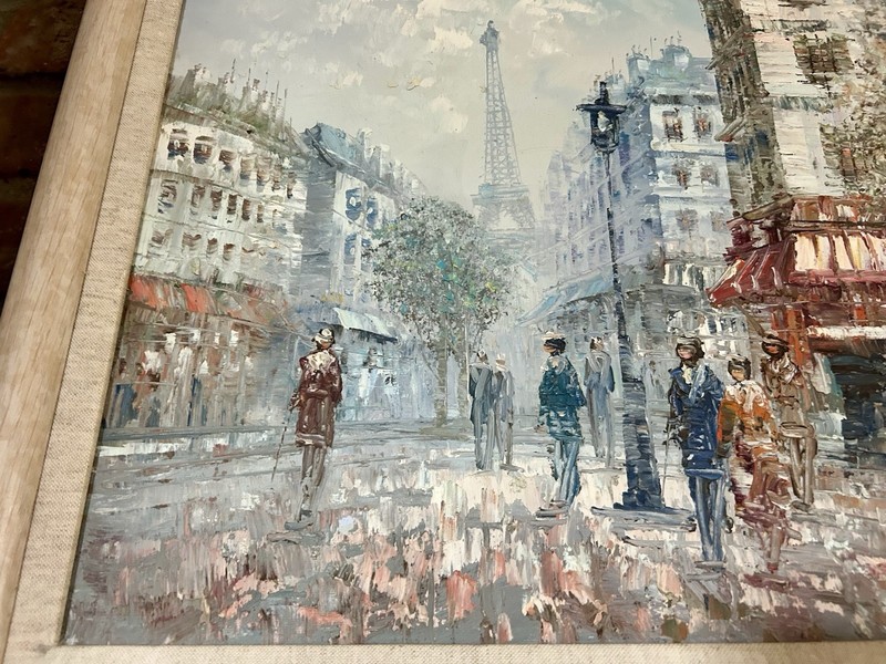 Vintage Caroline Burnett Paris Street Scene Oil on Canvas Painting Eiffel Tower gallery