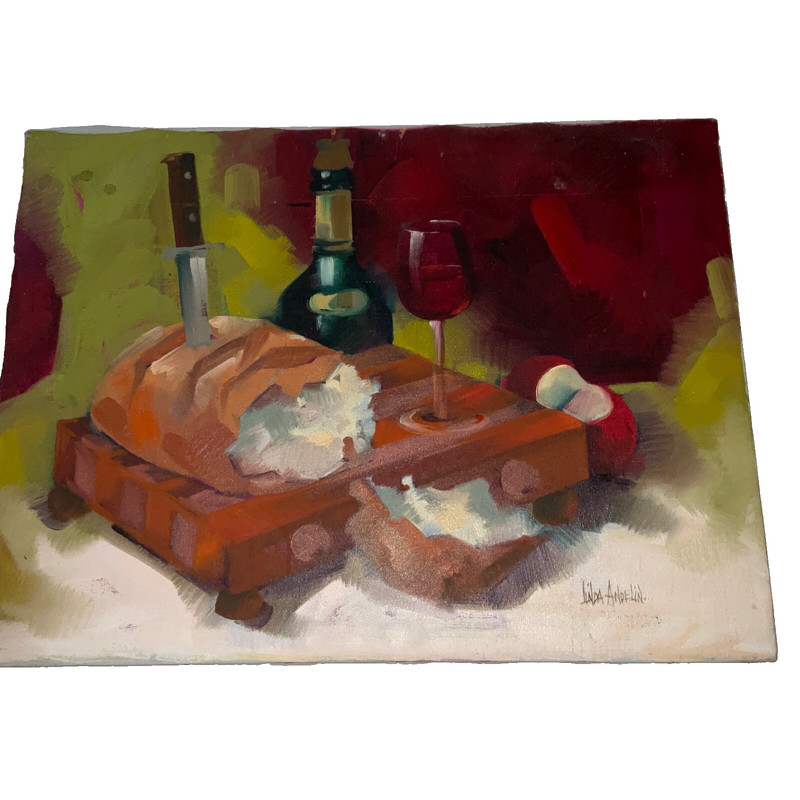 Vintage wine jugs food oil PAINTING still life original mid century modern bread