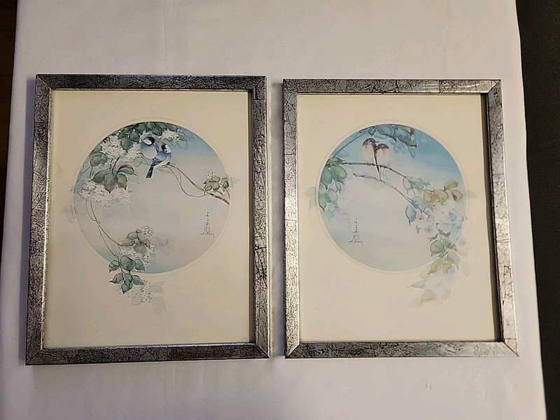 2 BEAUTIFUL VINTAGE J. CHENG WATER COLOR BIRDS FLOWERS FRAMED AND SIGNED ART