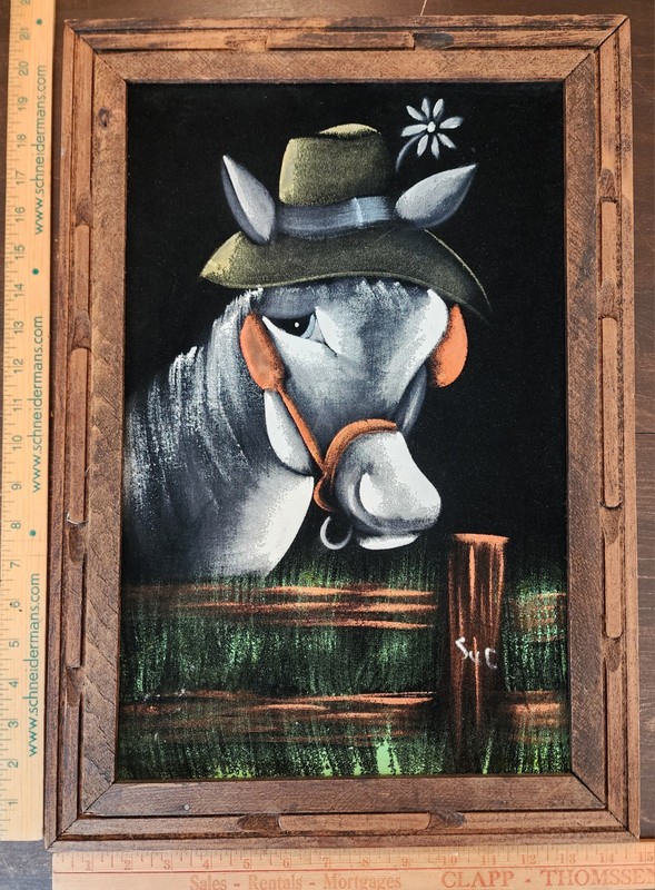 Vintage Mexican Black Velvet Painting Donkey Burrow Framed Approximately 21"x15"