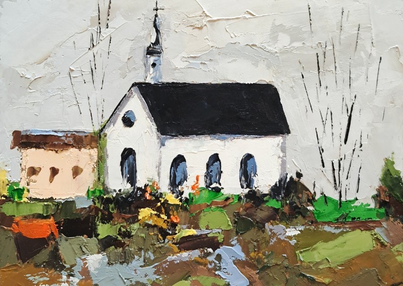 Original Oil Painting Church Landscape 5×7 in. Chapel Artwork Impasto Art