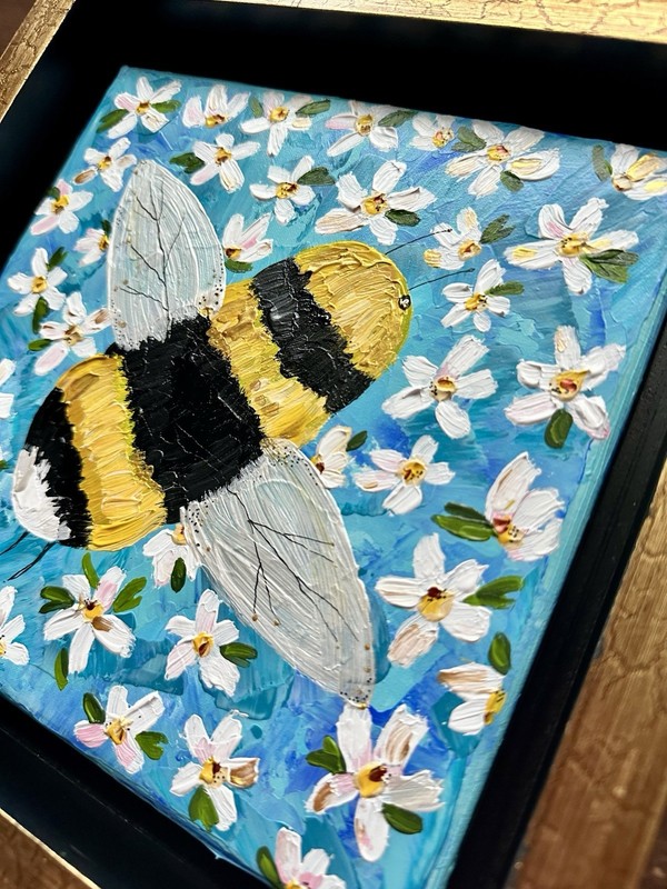 Original Acrylic Textured Canvas Painting Bumble Bee Flower Nature Art Framed gallery