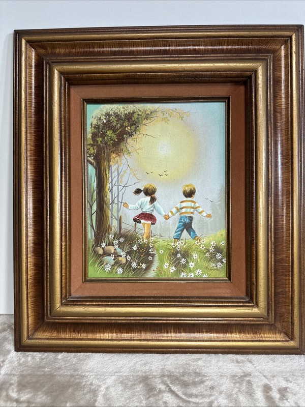 Vtg 1984 OIL PAINTING BY PATIENCE BOY & GIRL 8×10 In Amazing Wood Frame 16×18