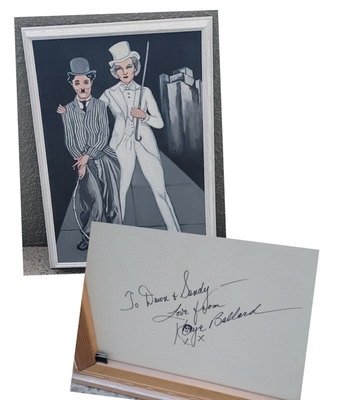 Fun Uribe Painting, Charlie Chaplin, KAYE BALLARD Signatue Inscription a Verso