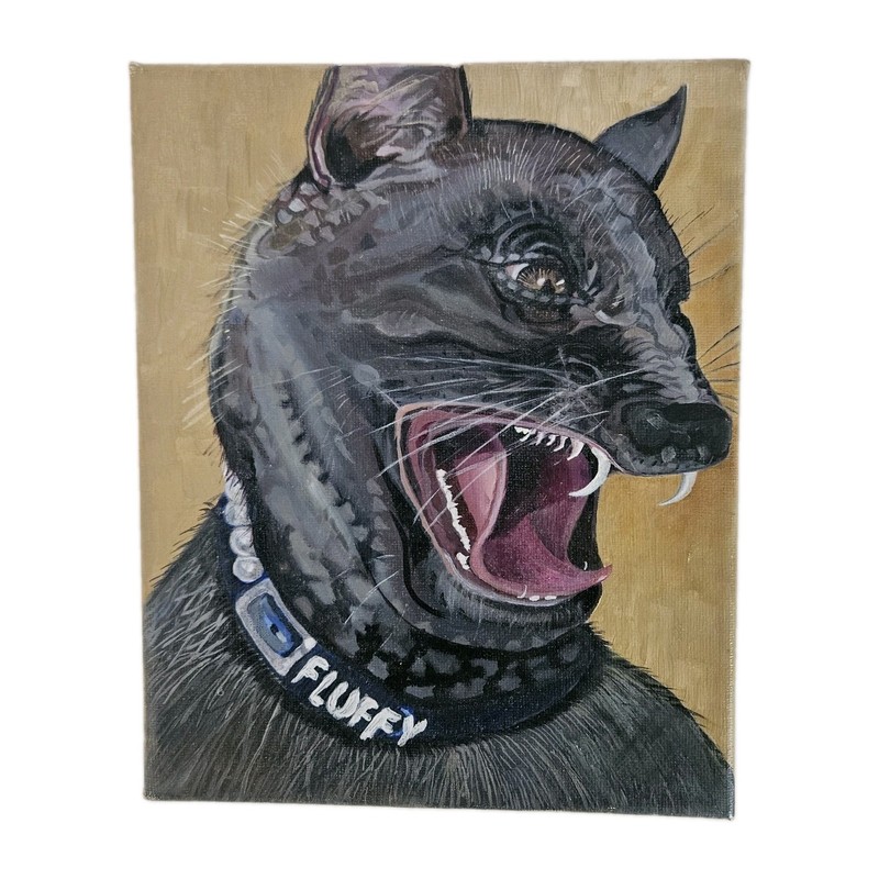 VTG 8×10 Original Black Cat on Canvas Fierce Feline «Fluffy» Gothic Spooky Art