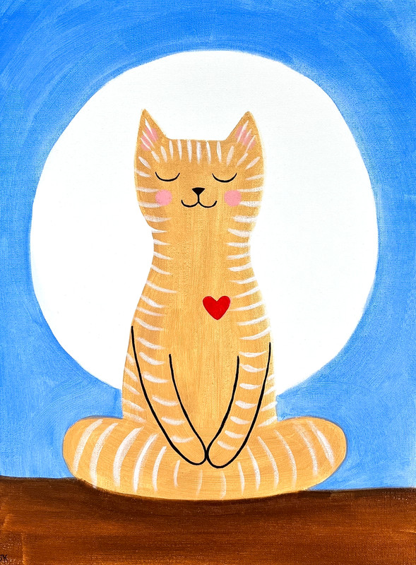 Meditating Cat Painting, Whimsical Orange Cat Art 12x16 gallery