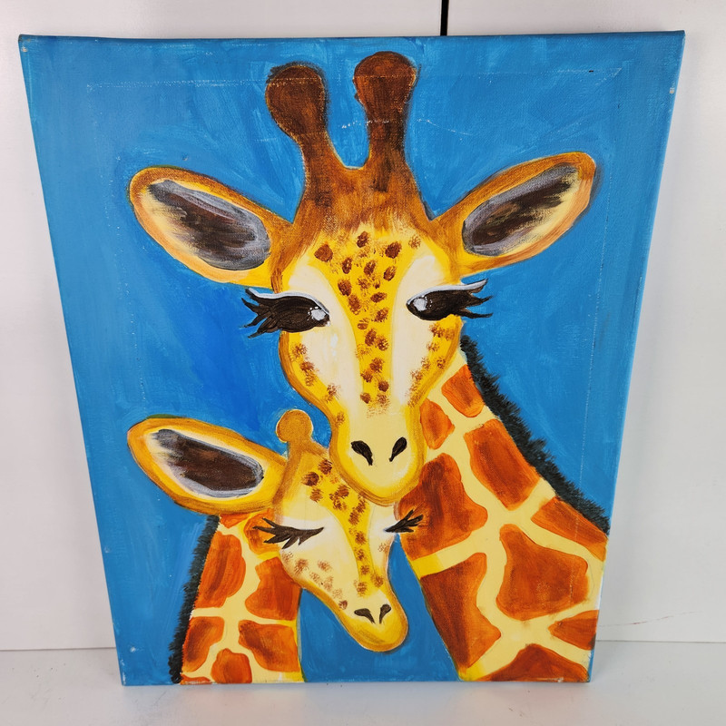 Two Giraffes Mother & Baby Giraffe Blue Background Oil Painting Canvas 16″ x 20″