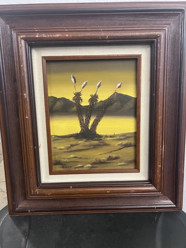 Vintage Desert Landscape Oil Painting by Alvo – Yucca Plants, Framed 18×16