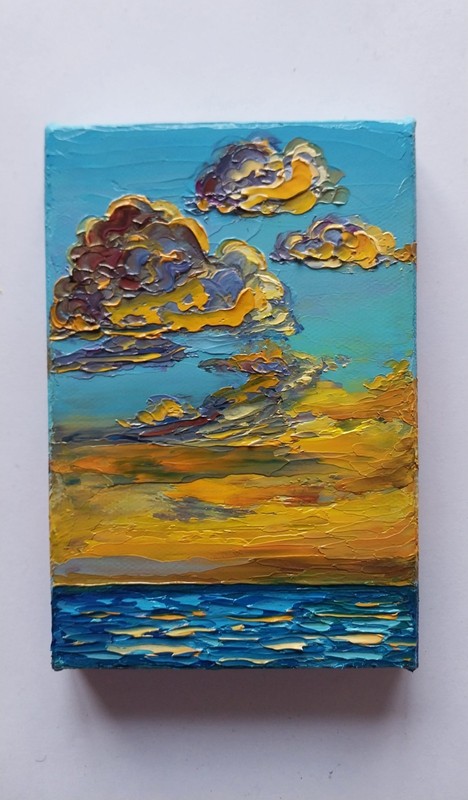 Small Canvas Seascape Golden Sunset Clouds Over Sea 4x6" Original Oil Painting gallery