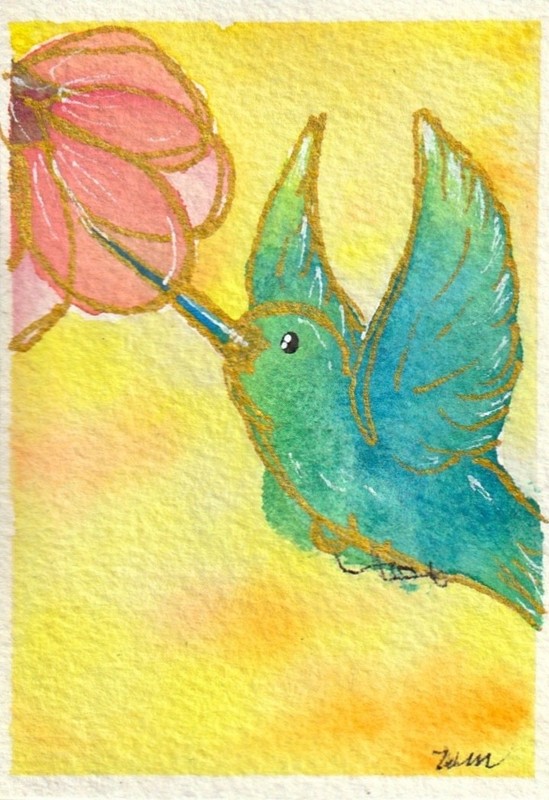“Morning’s Glow” MM#79-ACEO Watercolor OOAK Hummingbird Flower Gold Accent gallery