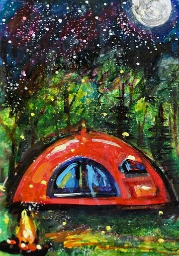 ORIGINAL ACEO Painting CAMPING Tent Fire Trees Woods Moon Night Stars ATC ART