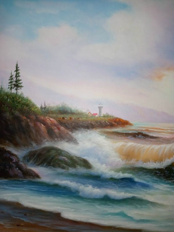 June Nelson Original Framed Oil Painting Beach Ocean Crashing Waves Sunset gallery