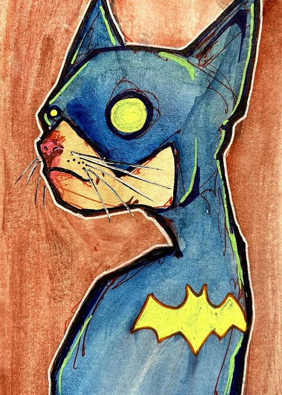 ACEO Original Art Card Bat Cat Cosplay Canadian Watercolour Mixed Media Artist