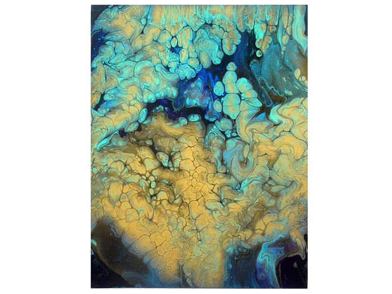 ACRYLIC PAINTING 11 X 14 TURQUOISE GOLD MIDNIGHT BLUE BLACK POUR ON CANVAS BOARD