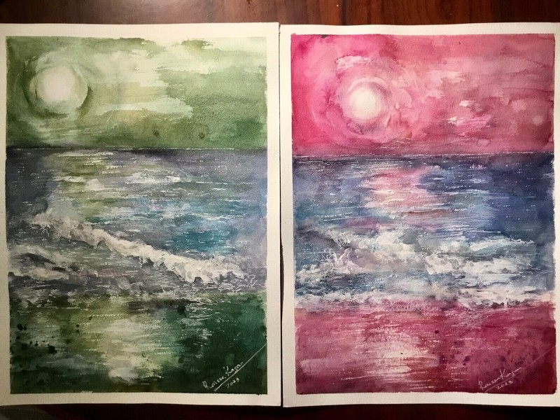 Set of 2 Original Watercolor Paintings | Pink & Green Sunset Landscapes | Signed