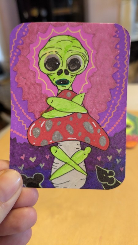 ACEO New World Series 3/5 «Embrace» HandDrawn OOAK Alien Mushroom Doodle Grafitt