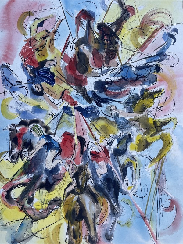 VINTAGE PAINTING ABSTRACT EXPRESSIONISM HORSES CAROUSEL CARNIVAL FAIR 1960'S gallery