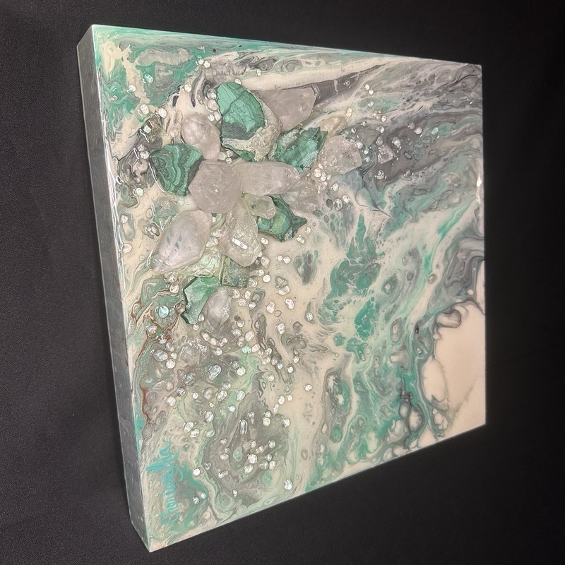 Quartz Crystals and Malachite Clusters Abstract Resin Painting Canvas 12x12 gallery