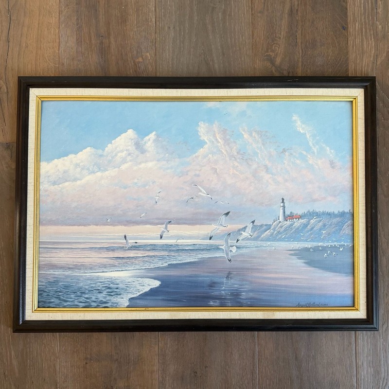 Vtg August Holland ASMA Framed Print «The Seashore» Lighthouse Coastal Decor