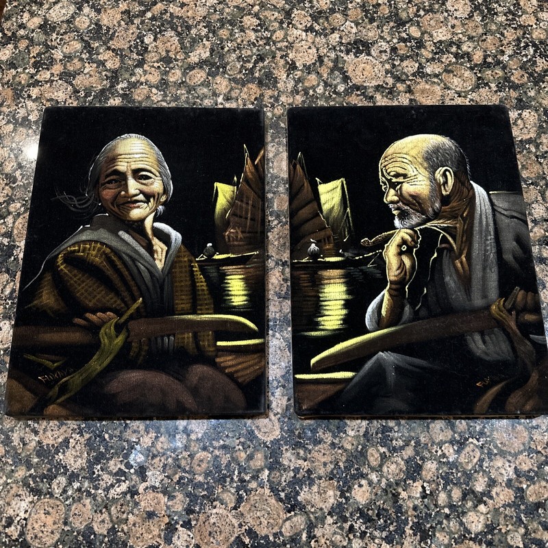 Vintage Fukaya Signed 2 Piece Matching Man Woman Couple Felt Paintings Art Asian
