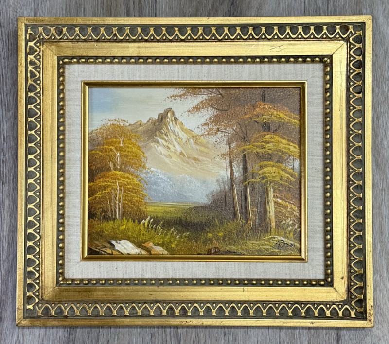 Mountain Lakehouse Painting Autumn Trees 16×14 Gold Frame Signed OOAK READ