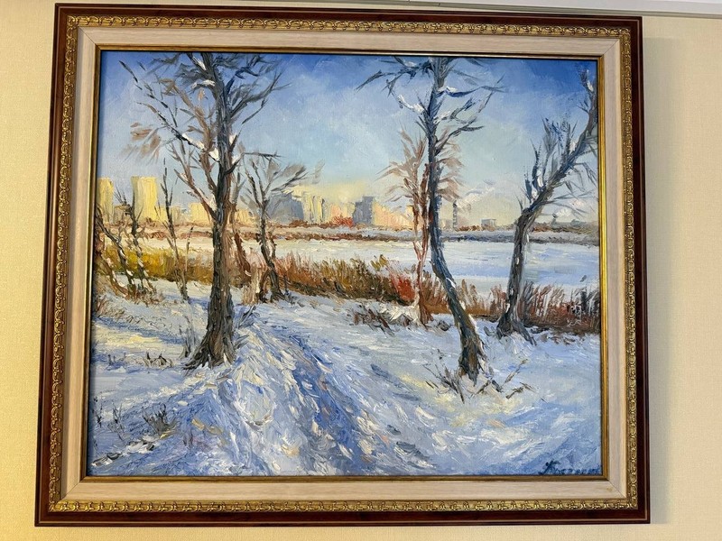 Original Oil Painting “Winter Dnipro River, Kyiv” | 50×60 cm | Landscape Art