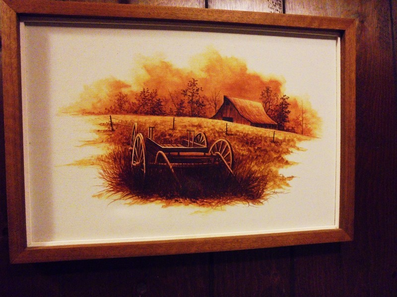 COUNTRY WAGON IN PASTURE… BARN IN BACKGROUND…FRAMED & SIGNED BY AGUIRRE
