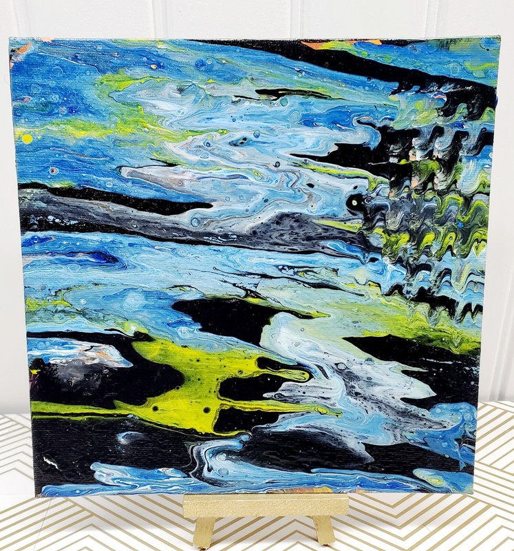Original Abstract Acrylic Fluid Art Painting 8"x8" Square Canvas Panel w/ Easel gallery