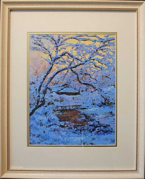 Evening winter scene. Original framed under glass oil on paper 11"x14" painting. gallery