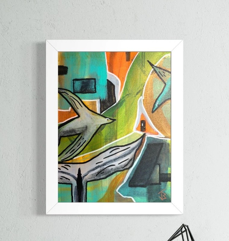 Original Abstract Acrylic Painting 11×14 On Canvas Jobu OOAK Birds Colorful