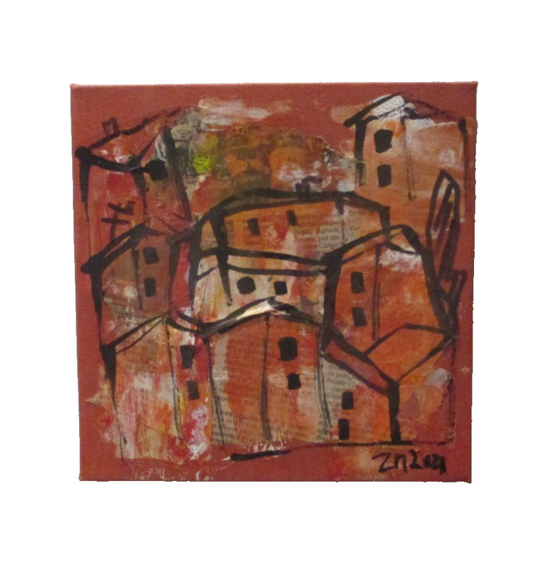 Italy collage with paper acrylic picture on canvas unique gouache city scene