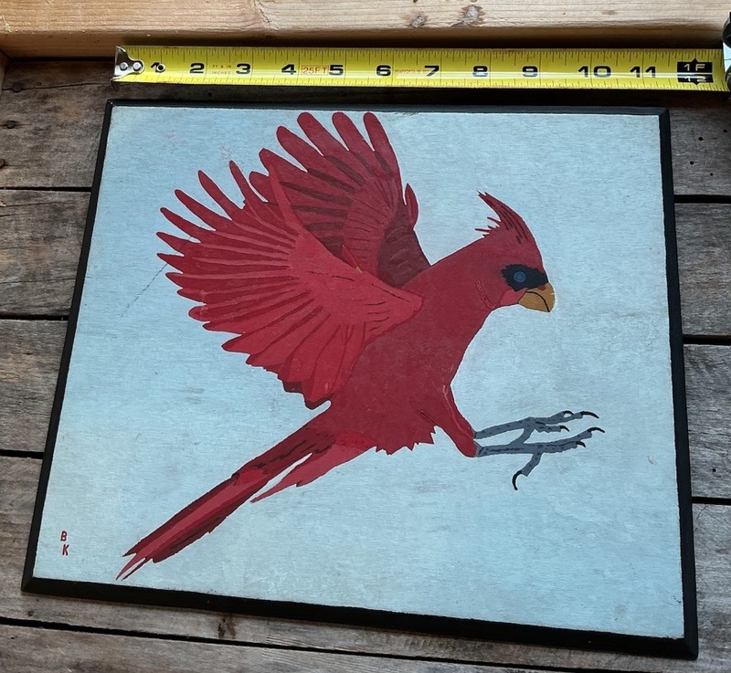 APPALACHIAN Outsider art Cardinal Bird Painting on Wood Signed Original 1950s