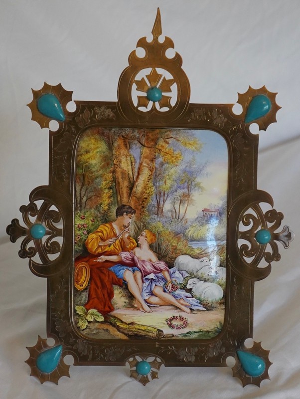 10 Inch Enamel Over Copper Courting Couple in an Ornate Brass Frame