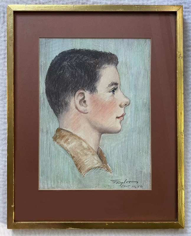 1956 Signed Vintage Midcentury Modern Pastel Drawing Teenage Boy Profile