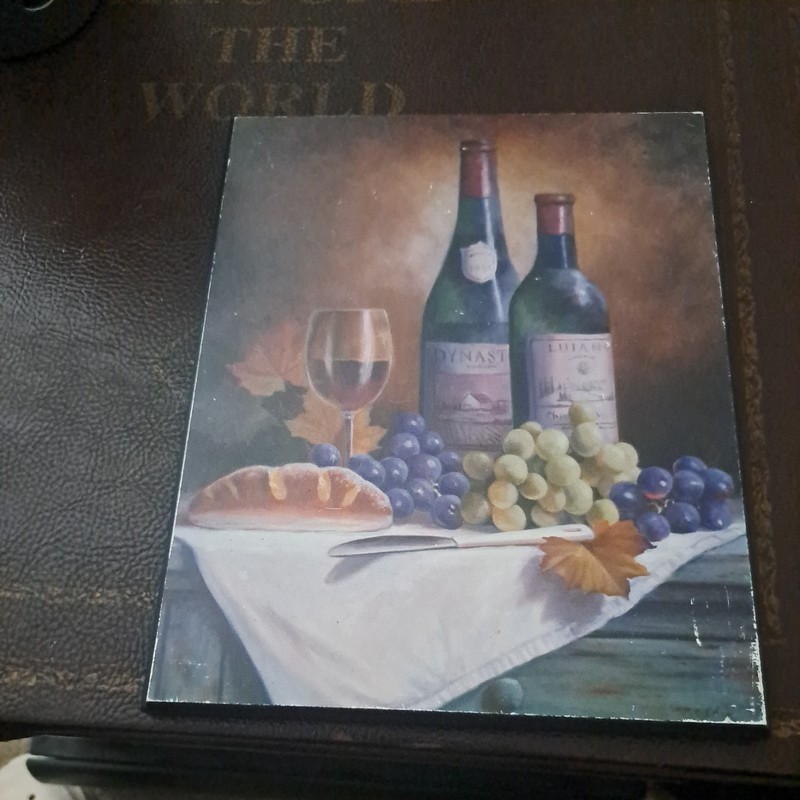 Handmade Still Life Oil Painting Wine Grapes Bread Barrel Glass on wool