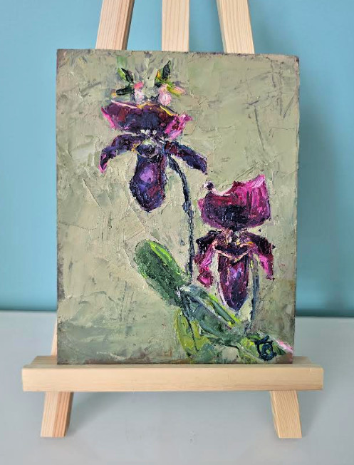 Unique Black Orchid oil on cardboard palette knife painting. Signed,Impression. gallery