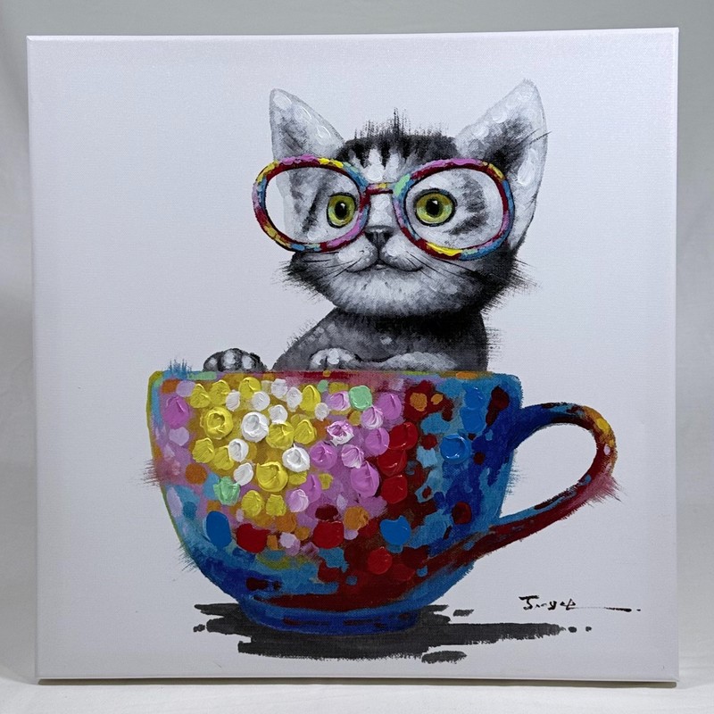 Cute Cat Canvas Wall Art Kitten in Teacup w/Glasses Colorful Pet Painting 16X16