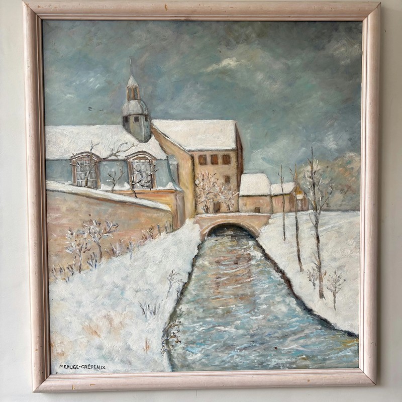 Vintage Winter Landscape Oil Painting "Snowy Bridge" Authentic French Artwork gallery